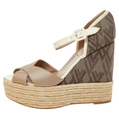 Valentino Brown Leather And Fabric Wedge Platform Espadrille Sandals Size 39.5