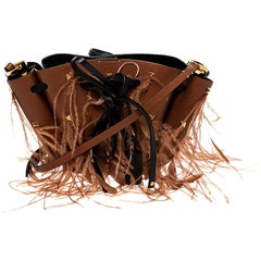 Valentino Brown Leather and Feather Small VLogo Bucket Bag