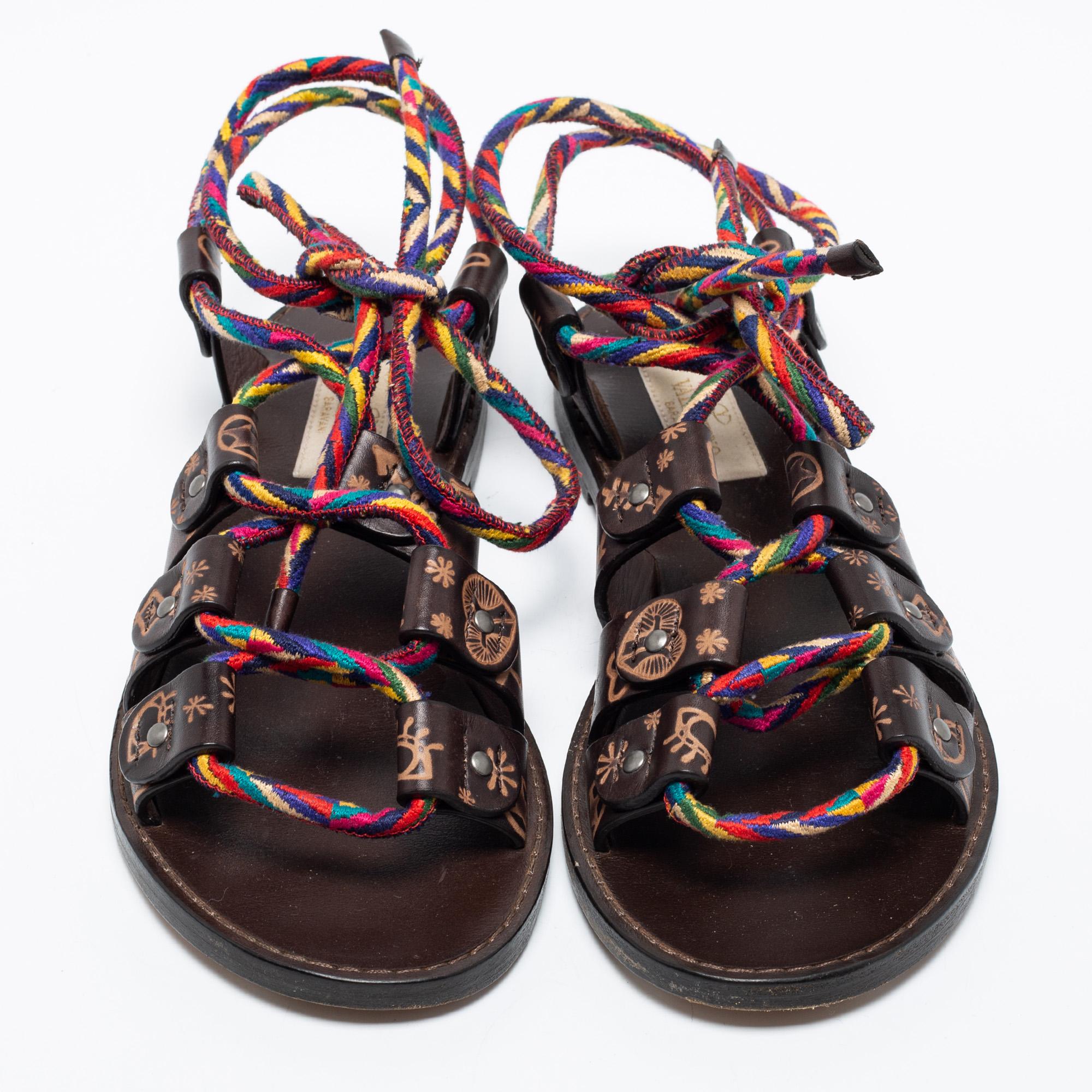Valentino Brown Leather And Multicolor Cord Flat Gladiator Sandals Size 35 1