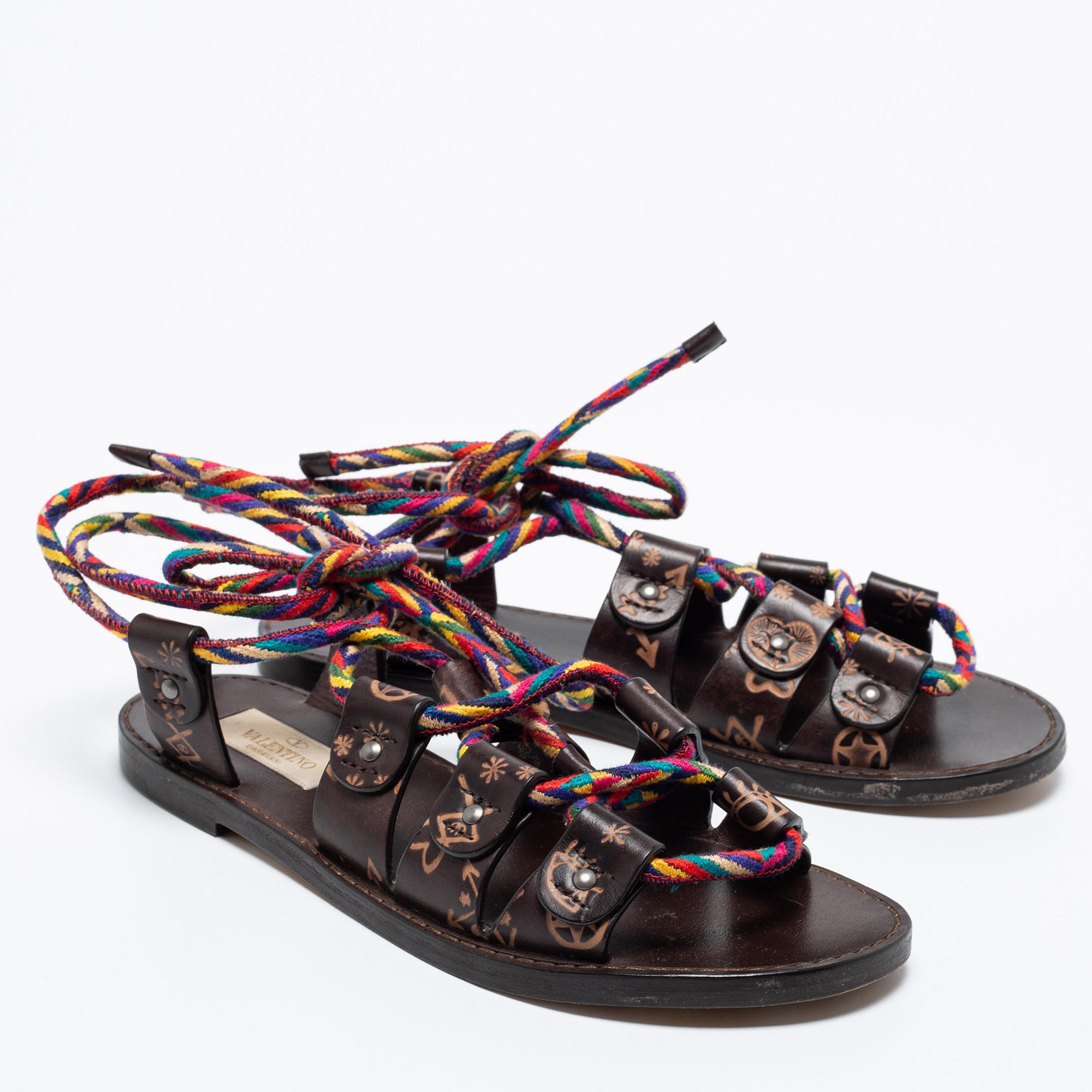 Valentino Brown Leather And Multicolor Cord Flat Gladiator Sandals Size 35 2