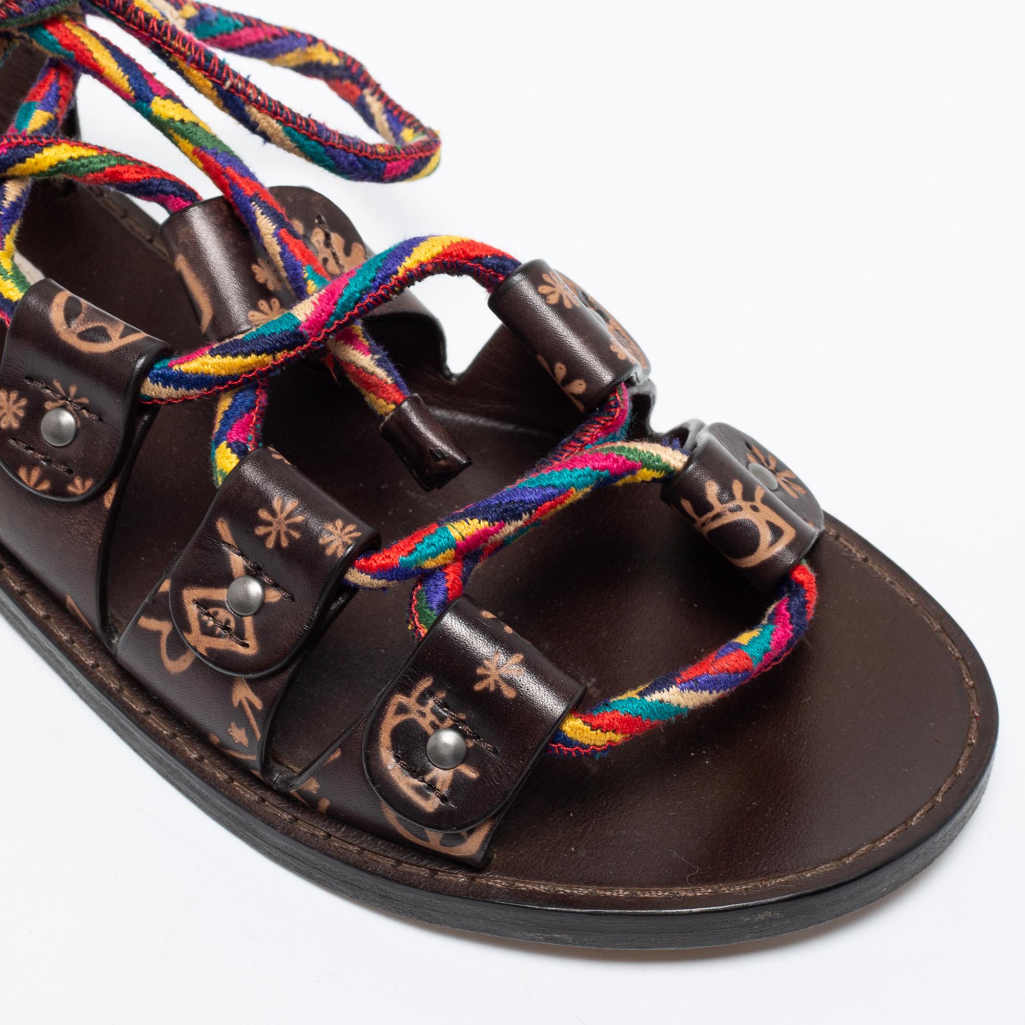 Valentino Brown Leather And Multicolor Cord Flat Gladiator Sandals Size 35 3