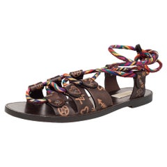 Used Valentino Brown Leather And Multicolor Rope Flat Ankle Wrap Sandals Size 38
