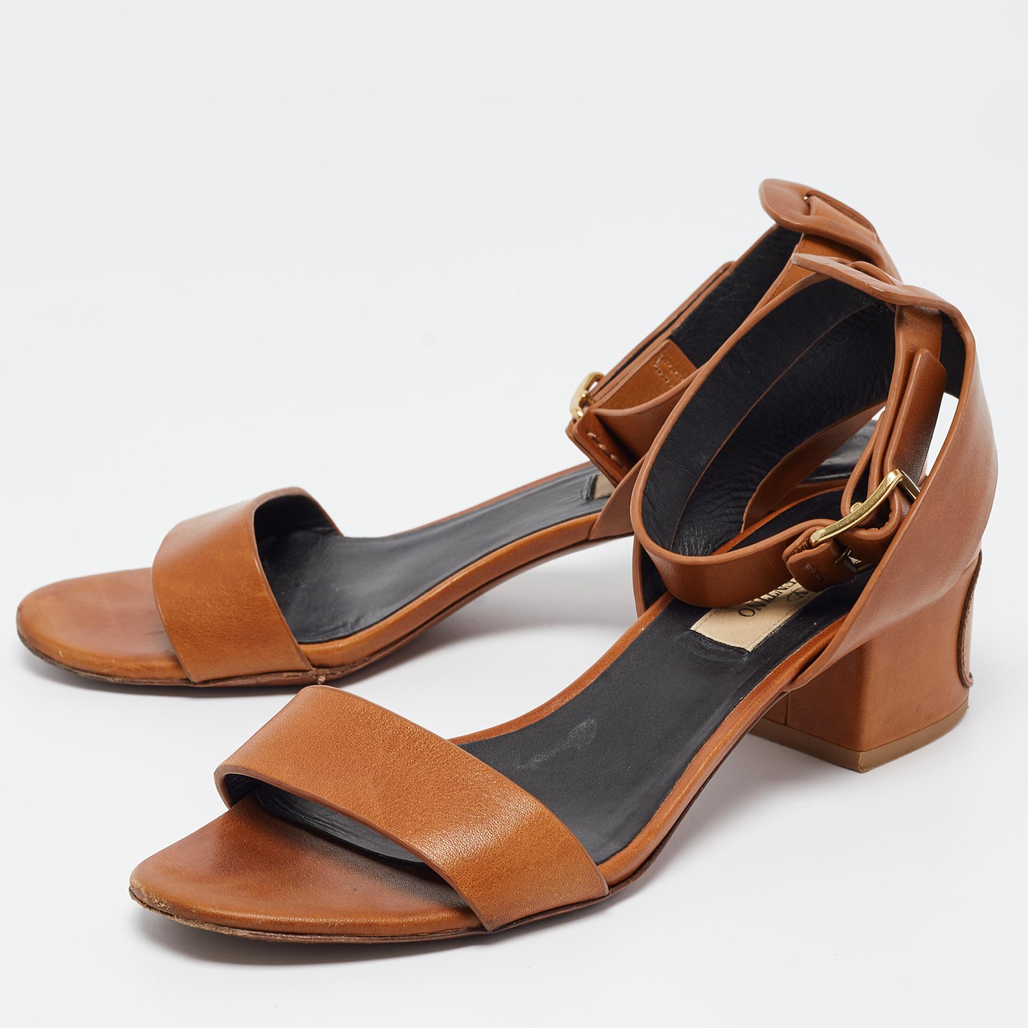 Valentino Brown Leather Ankle Strap Sandals Size 37 For Sale 1