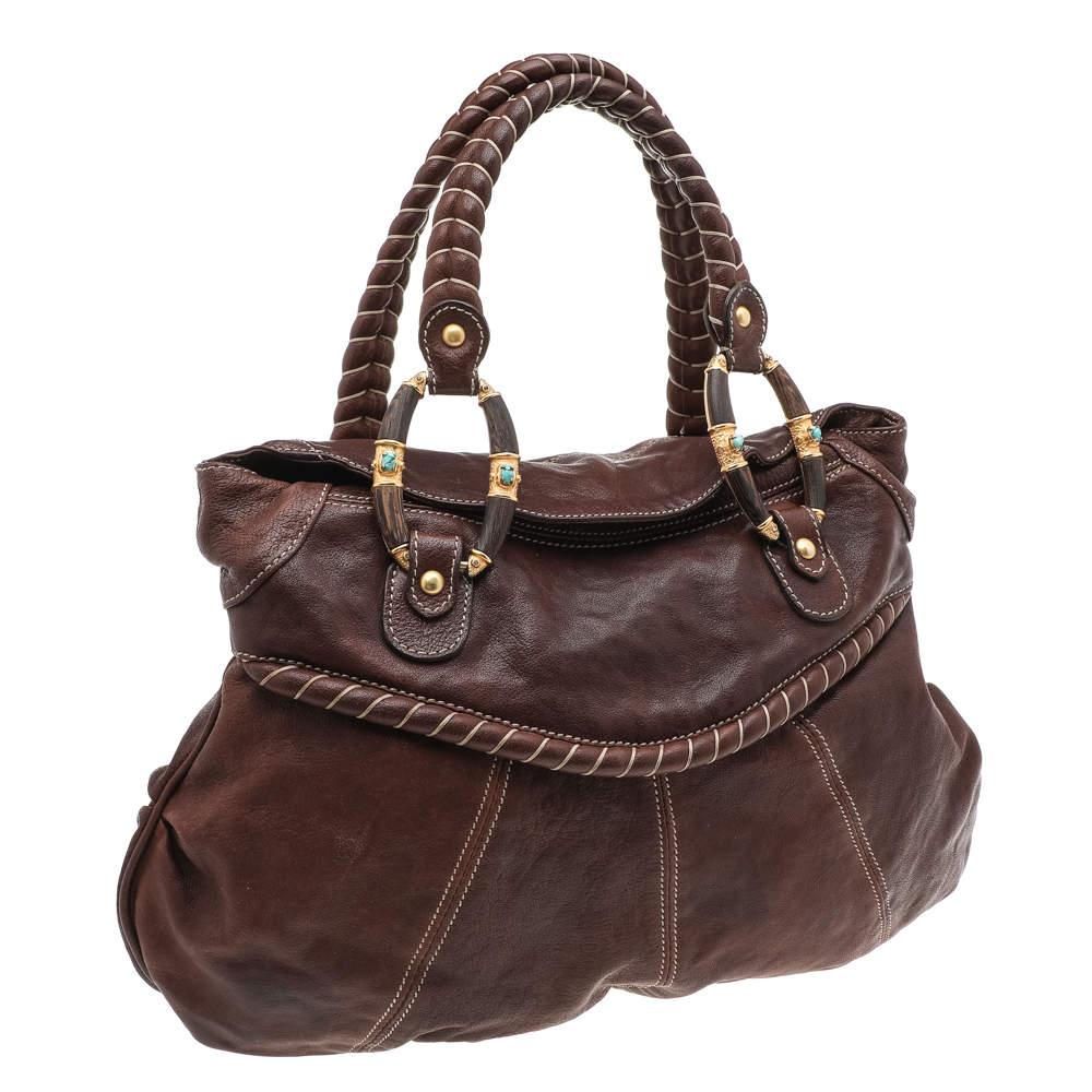 Valentino Brown Leather Braided Handle Shoulder Bag In Fair Condition For Sale In Dubai, Al Qouz 2