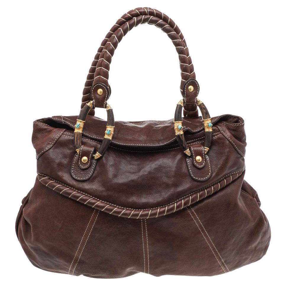 Valentino Brown Leather Braided Handle Shoulder Bag For Sale