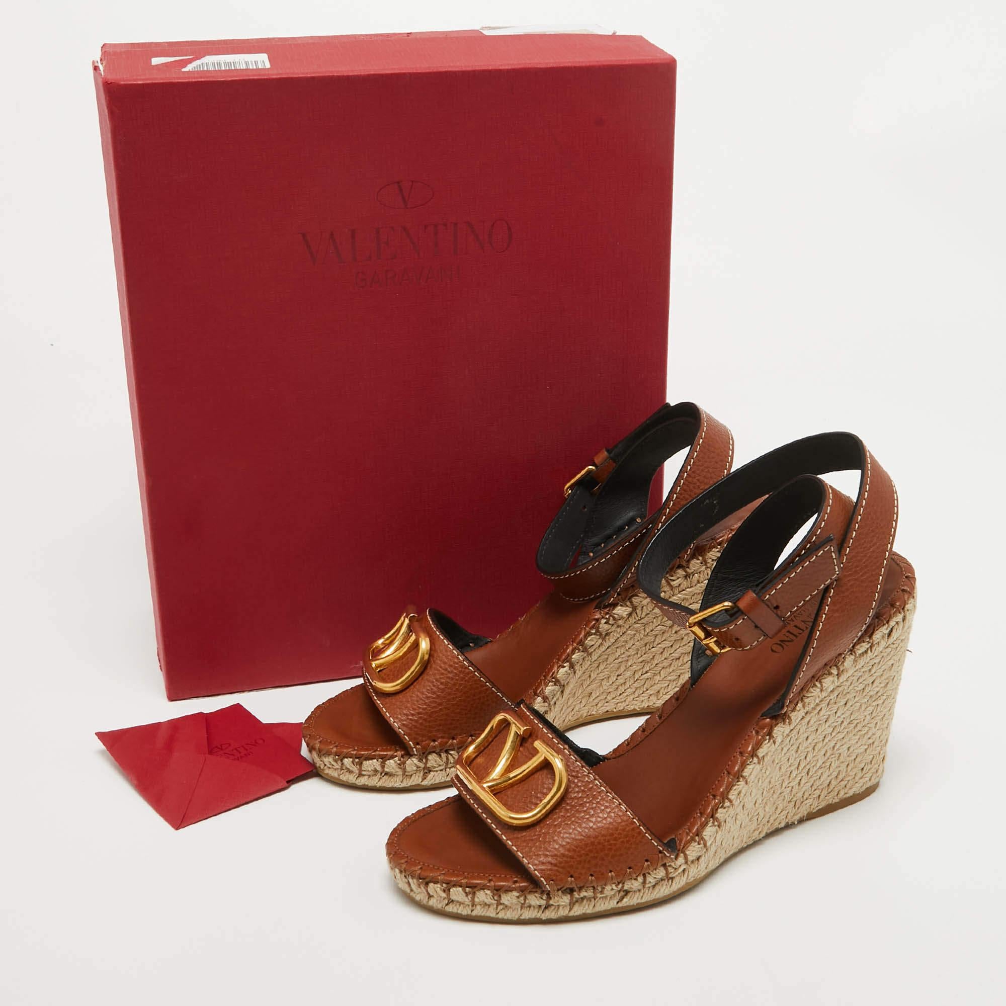 Valentino Brown Leather Escape V logo Espadrille Wedge Ankle Wrap Sandals Size 4 6