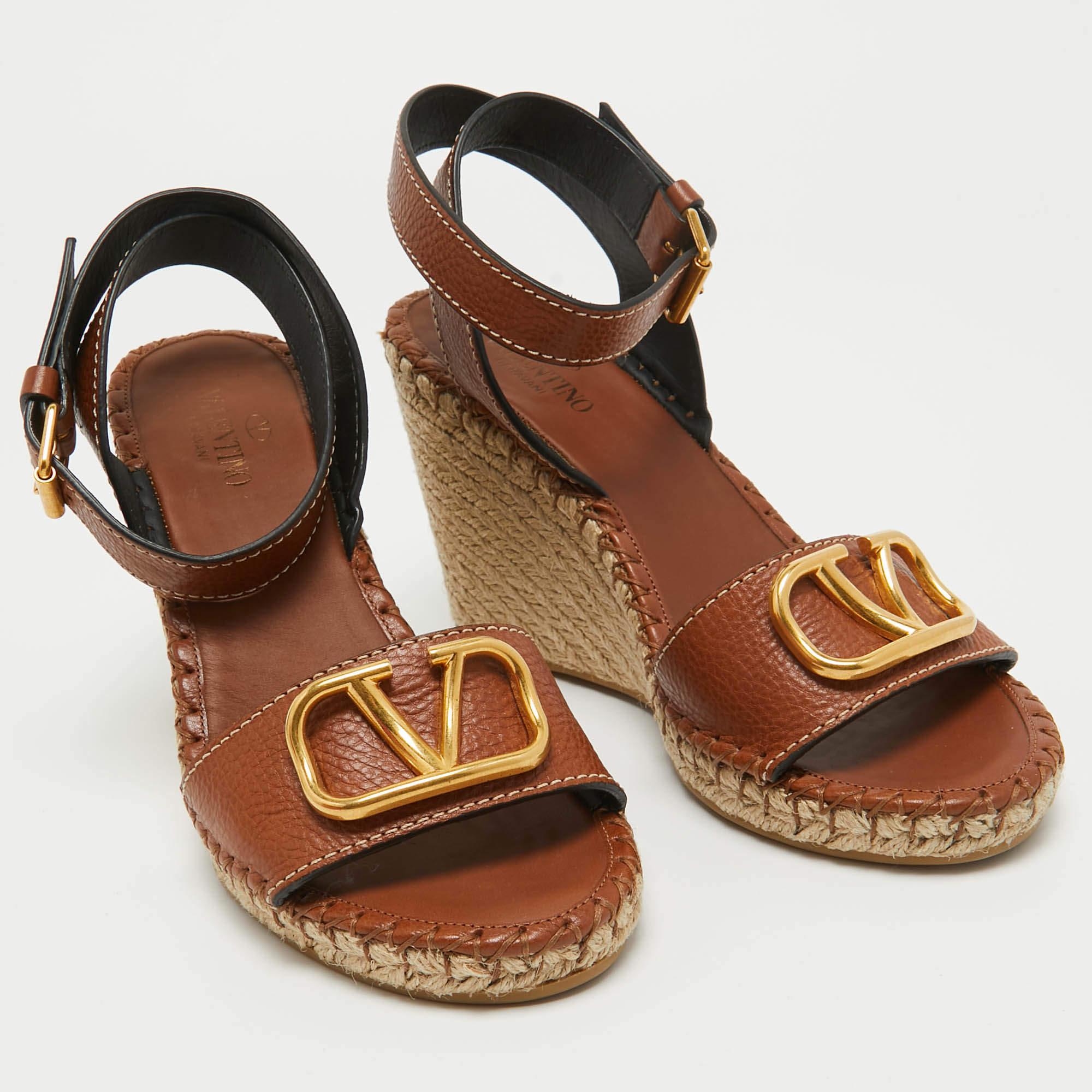 Women's Valentino Brown Leather Escape V logo Espadrille Wedge Ankle Wrap Sandals Size 4