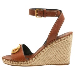 Valentino Brown Leather Escape V logo Espadrille Wedge Ankle Wrap Sandals Size 4