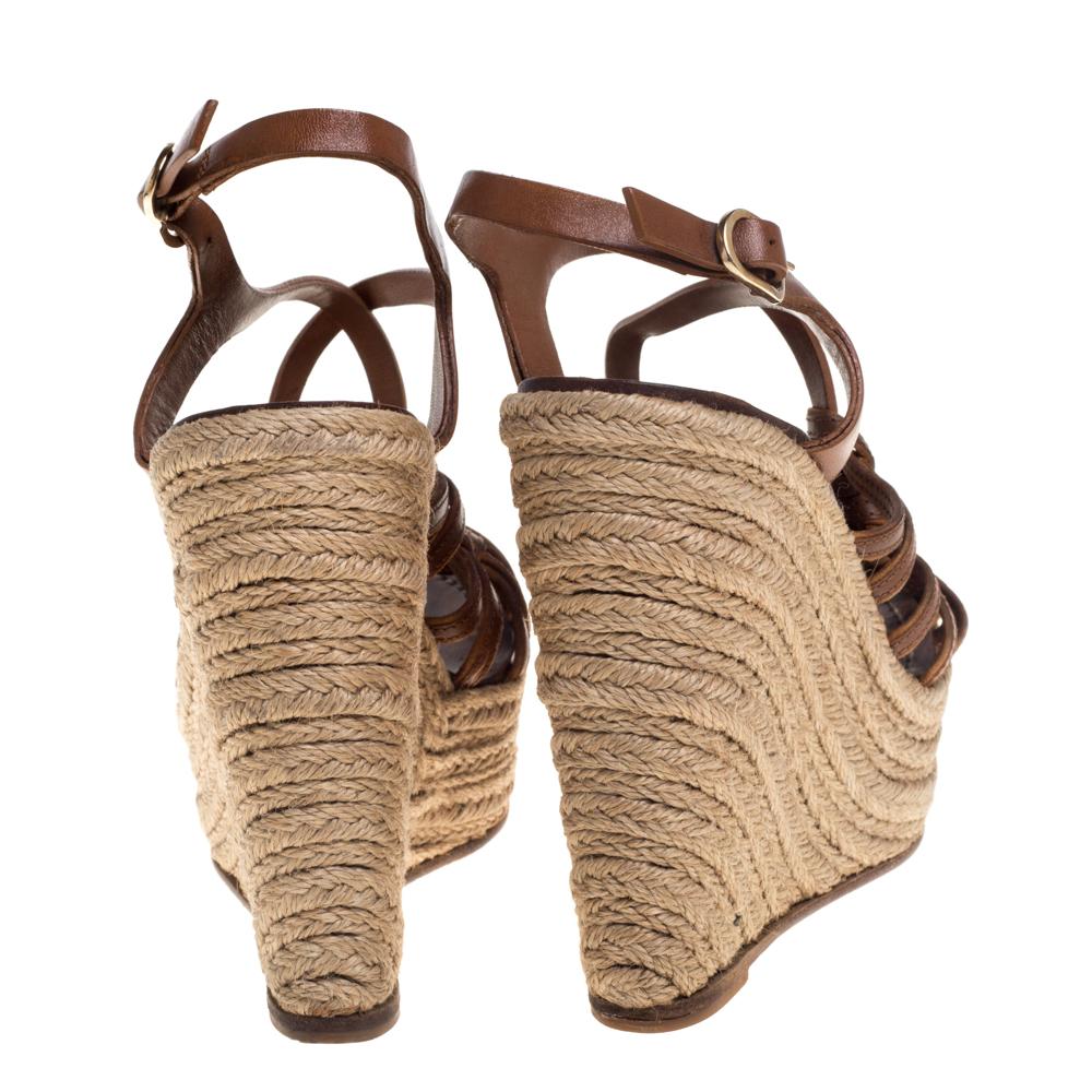 Valentino Brown Leather Espadrille Wedge Sandals Size 37 In Good Condition In Dubai, Al Qouz 2