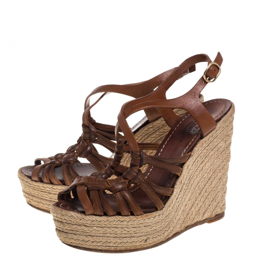 Valentino Brown Leather Espadrille Wedge Sandals Size 37 1