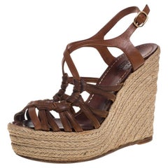 Valentino Brown Leather Espadrille Wedge Sandals Size 37