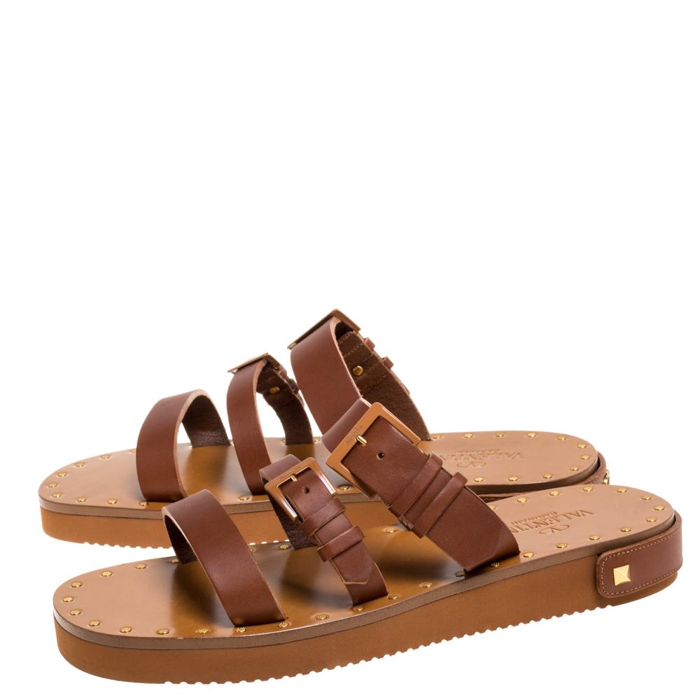 Valentino Braun Leder Feder Detail flache Slide Sandalen Größe 39 1