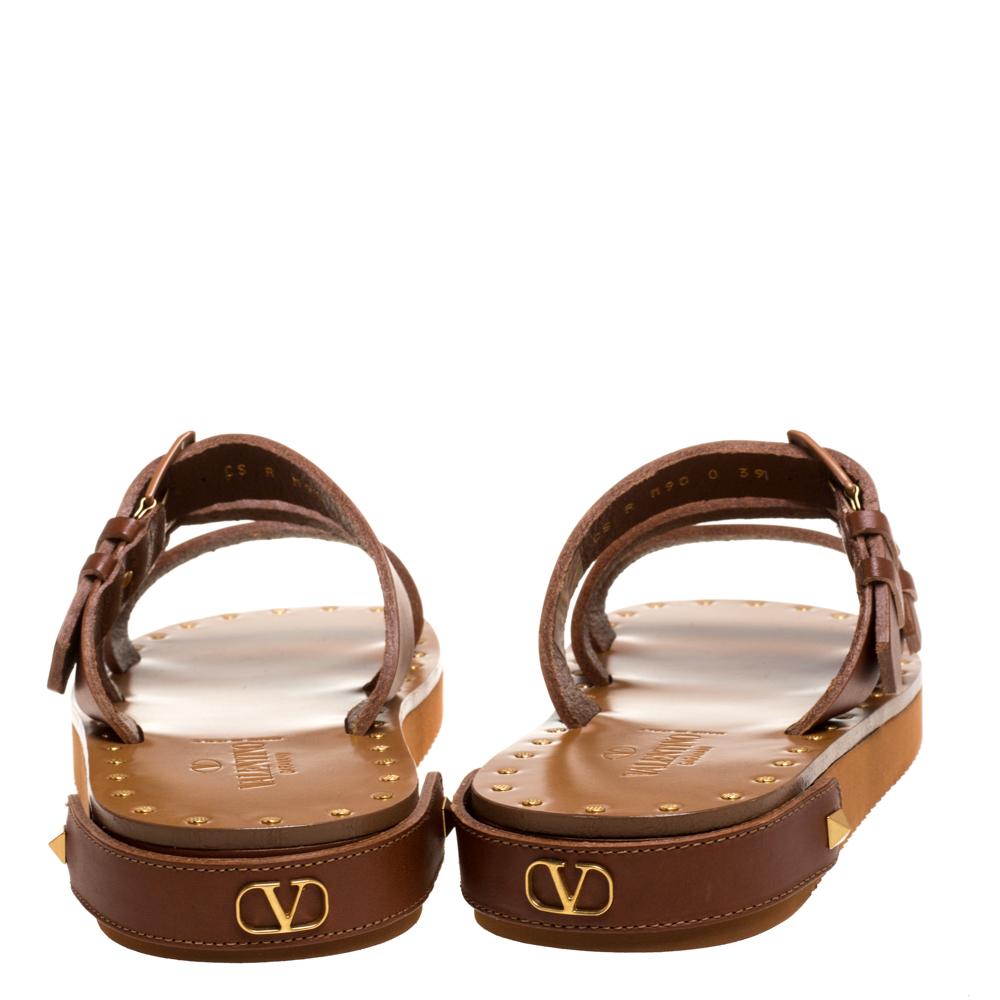 Valentino Braun Leder Feder Detail flache Slide Sandalen Größe 39 4