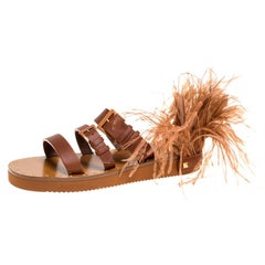 Valentino Brown Leather Feather Detail Flat Slide Sandals Size 39