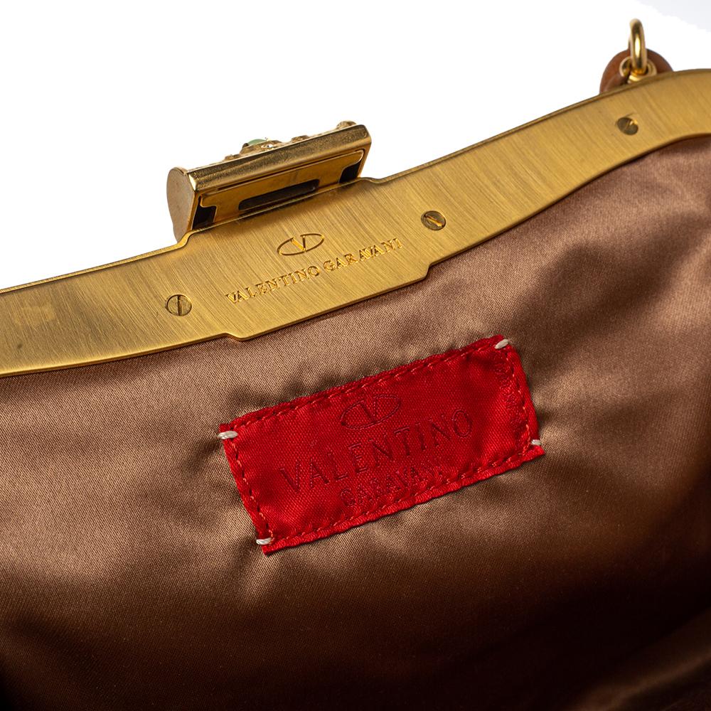 Valentino Brown Leather Floral Embroidered Frame Baguette Bag 3