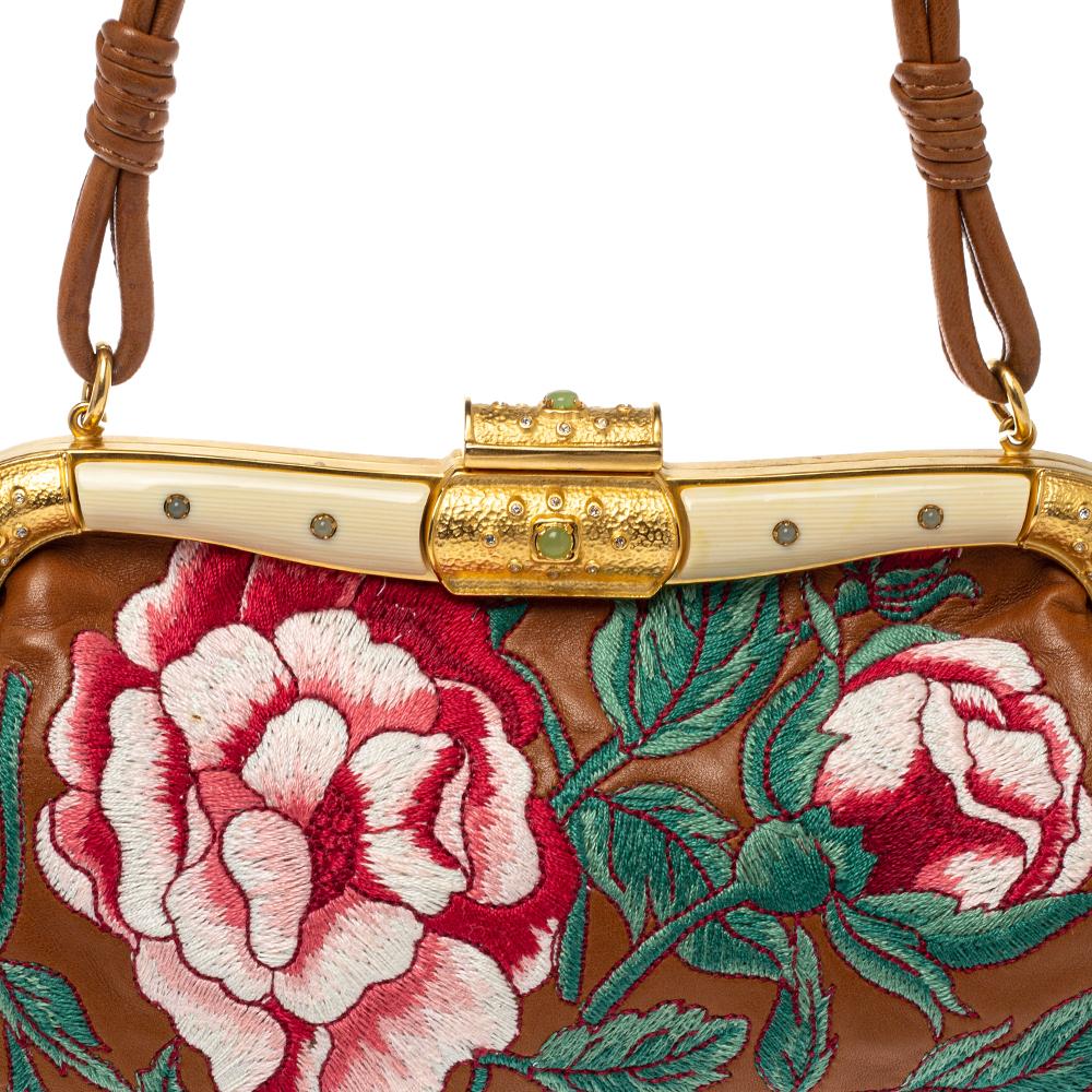 Valentino Brown Leather Floral Embroidered Frame Baguette Bag In Good Condition In Dubai, Al Qouz 2