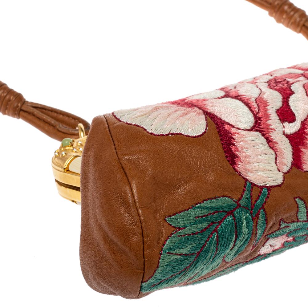 Women's Valentino Brown Leather Floral Embroidered Frame Baguette Bag