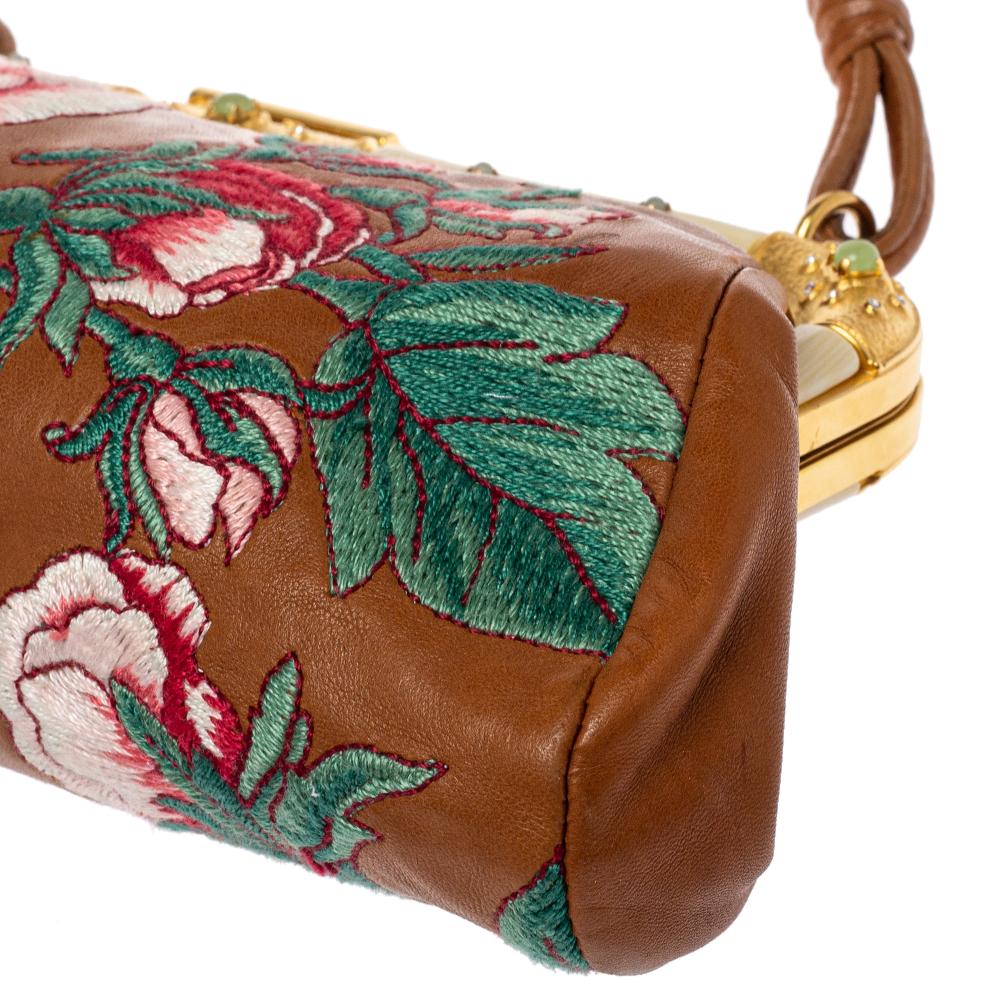 Valentino Brown Leather Floral Embroidered Frame Baguette Bag 1