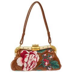 Valentino Brown Leather Floral Embroidered Frame Baguette Bag