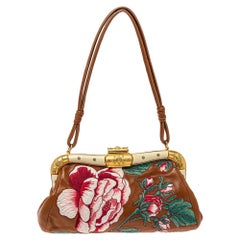 Valentino Brown Leather Floral Embroidered Frame Baguette Bag