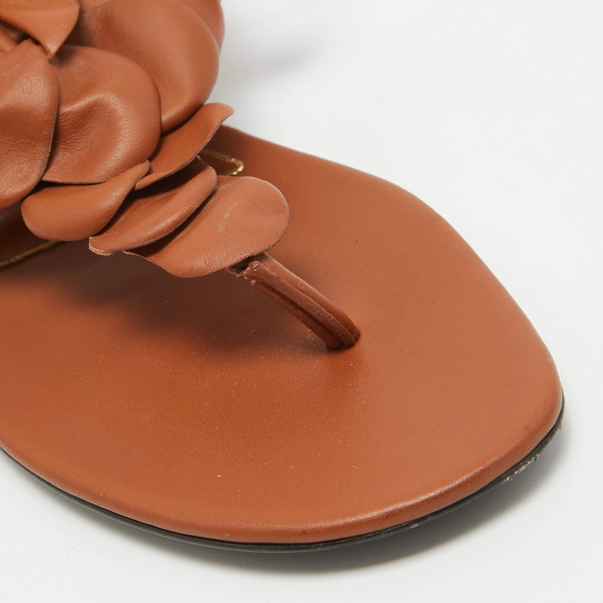Valentino Brown Leather Flower Applique Ankle Tie Thong Flat Sandals Size 39 1