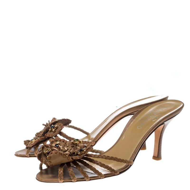 Valentino Brown Leather Flower Slides Sandals Size 40.5 1