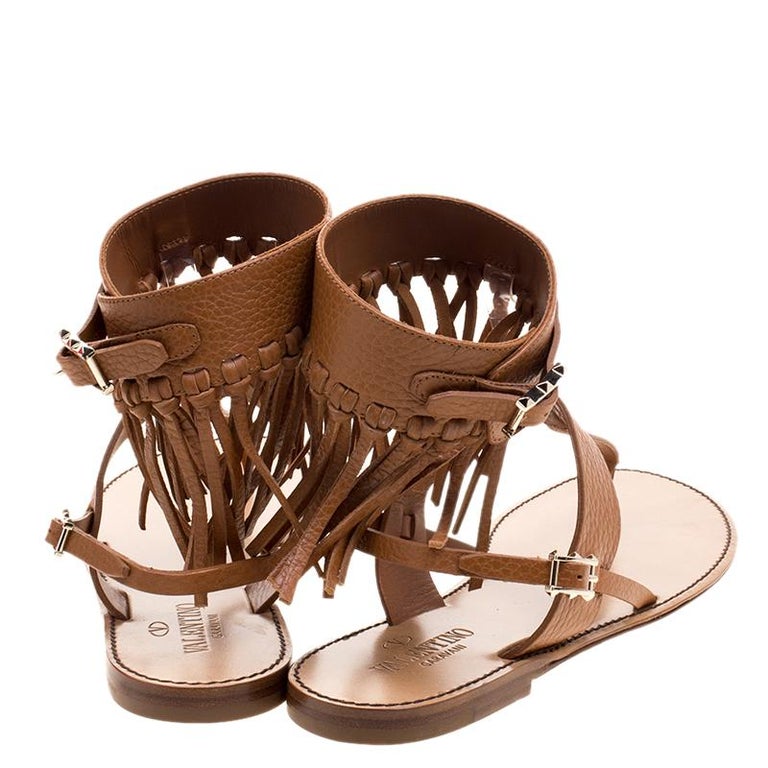 Valentino Brown Leather Fringe Detail Ankle Wrap Flat Sandals Size 37.5