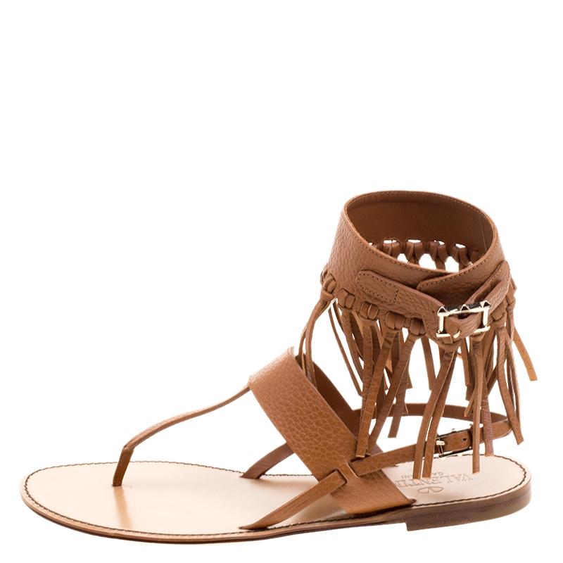 Valentino Brown Leather Fringe Detail Ankle Wrap Flat Sandals Size 37.5 1