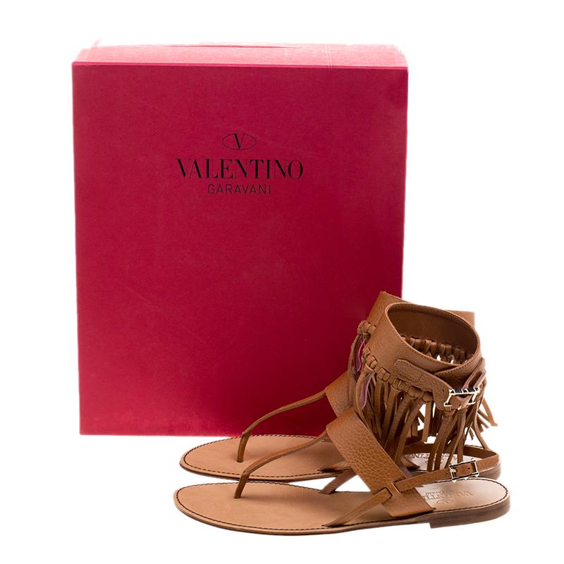 Valentino Brown Leather Fringe Detail Ankle Wrap Flat Sandals Size 37.5 4