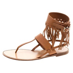 Valentino Brown Leather Fringe Detail Ankle Wrap Flat Sandals Size 37.5