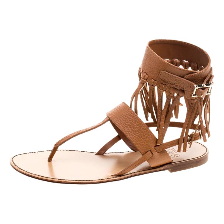 Valentino Brown Leather Fringe Detail Ankle Wrap Flat Sandals Size 37.5Valentino