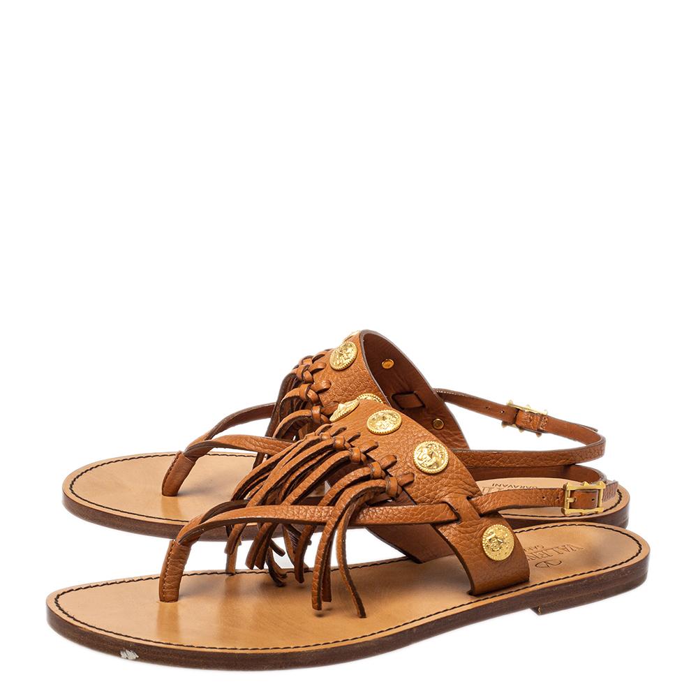 Valentino Brown Leather Fringed Coin Detail Flat Sandals Size 38 3