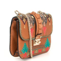 VALENTINO brown leather GLAM LOCK SMALL EMBROIDERED Shoulder Bag