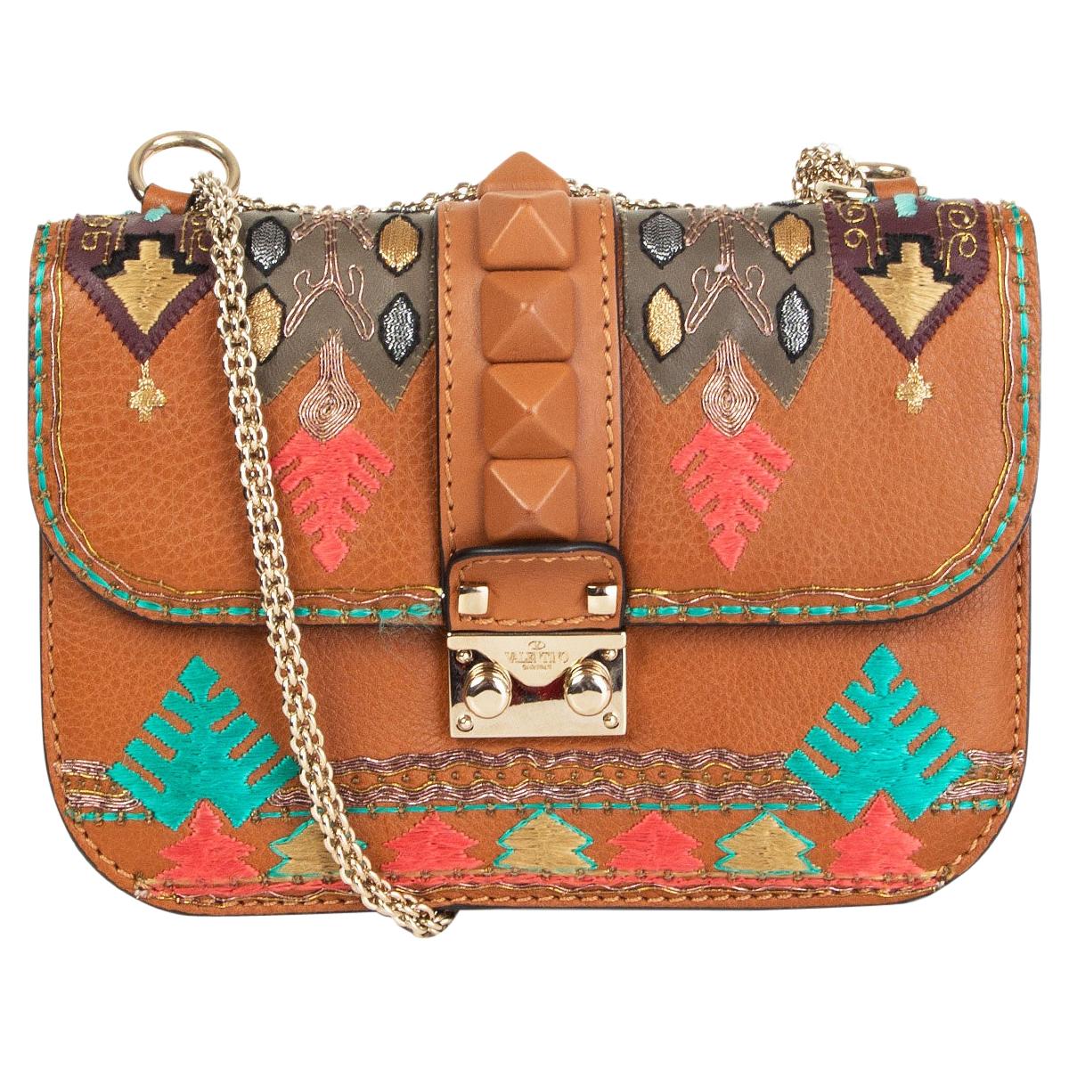 VALENTINO brown leather GLAM LOCK SMALL EMBROIDERED Shoulder Bag For Sale