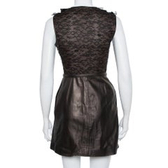 Valentino Brown Leather & Lace Ruffle Detail Belted Short Dress S
