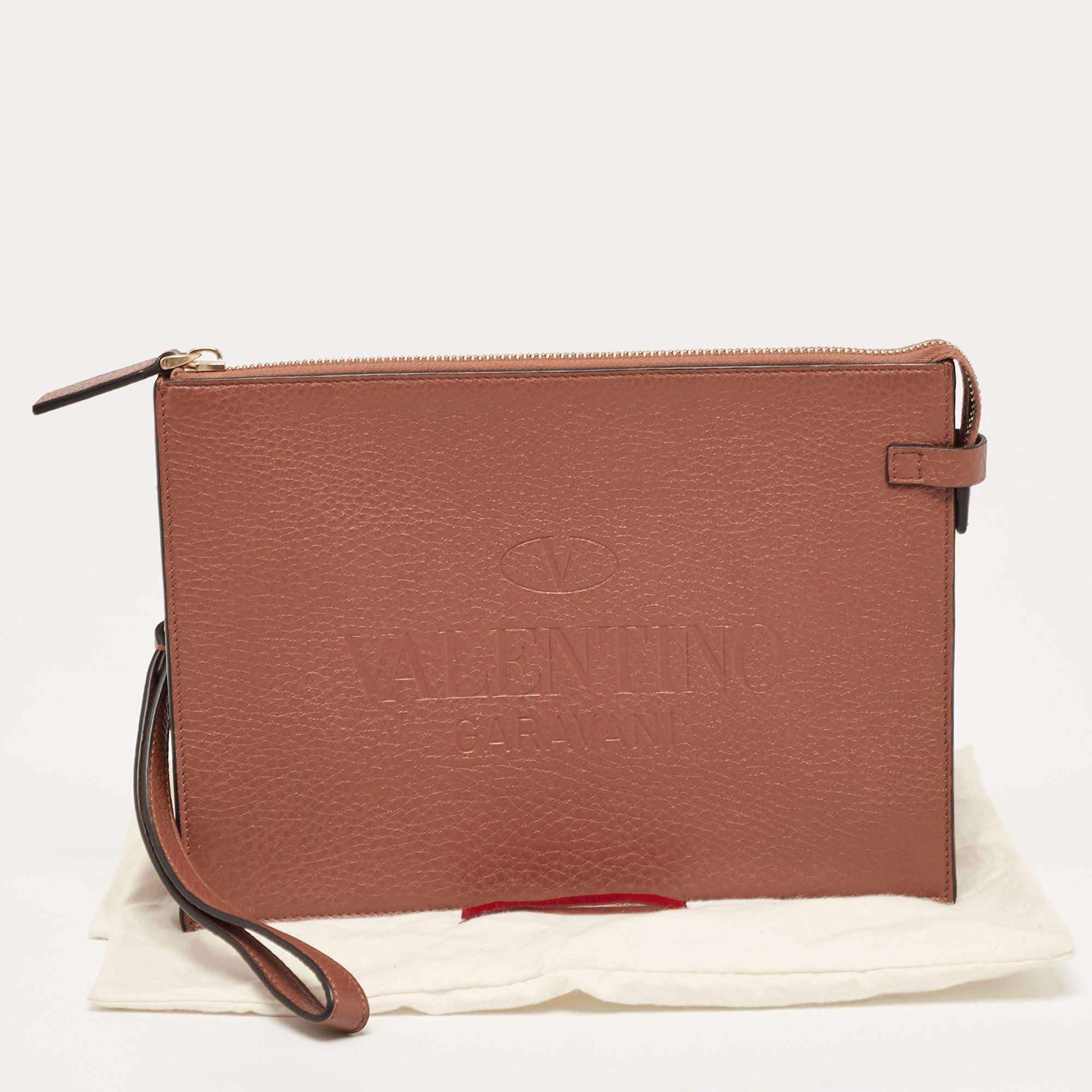 Valentino Brown Leather Logo Embossed Wristlet Clutch 2