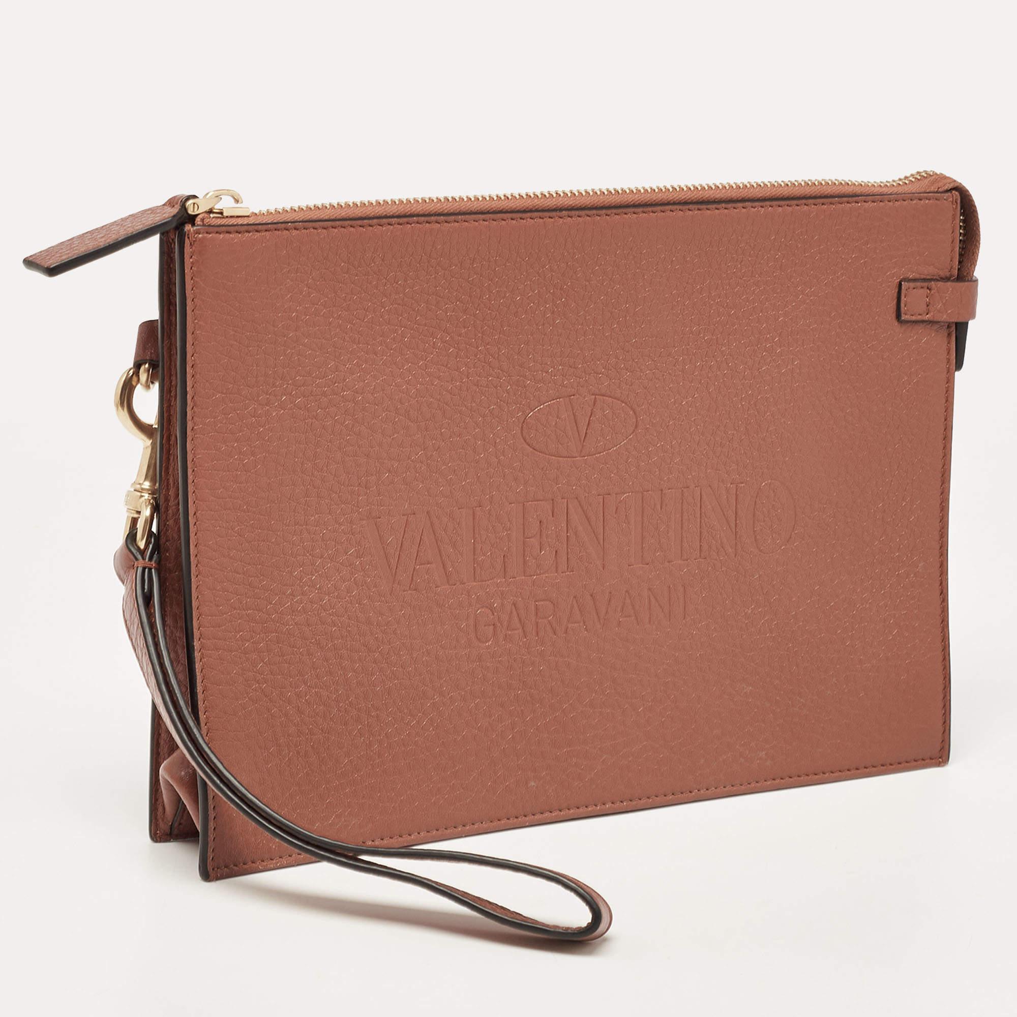Valentino Brown Leather Logo Embossed Wristlet Clutch 3