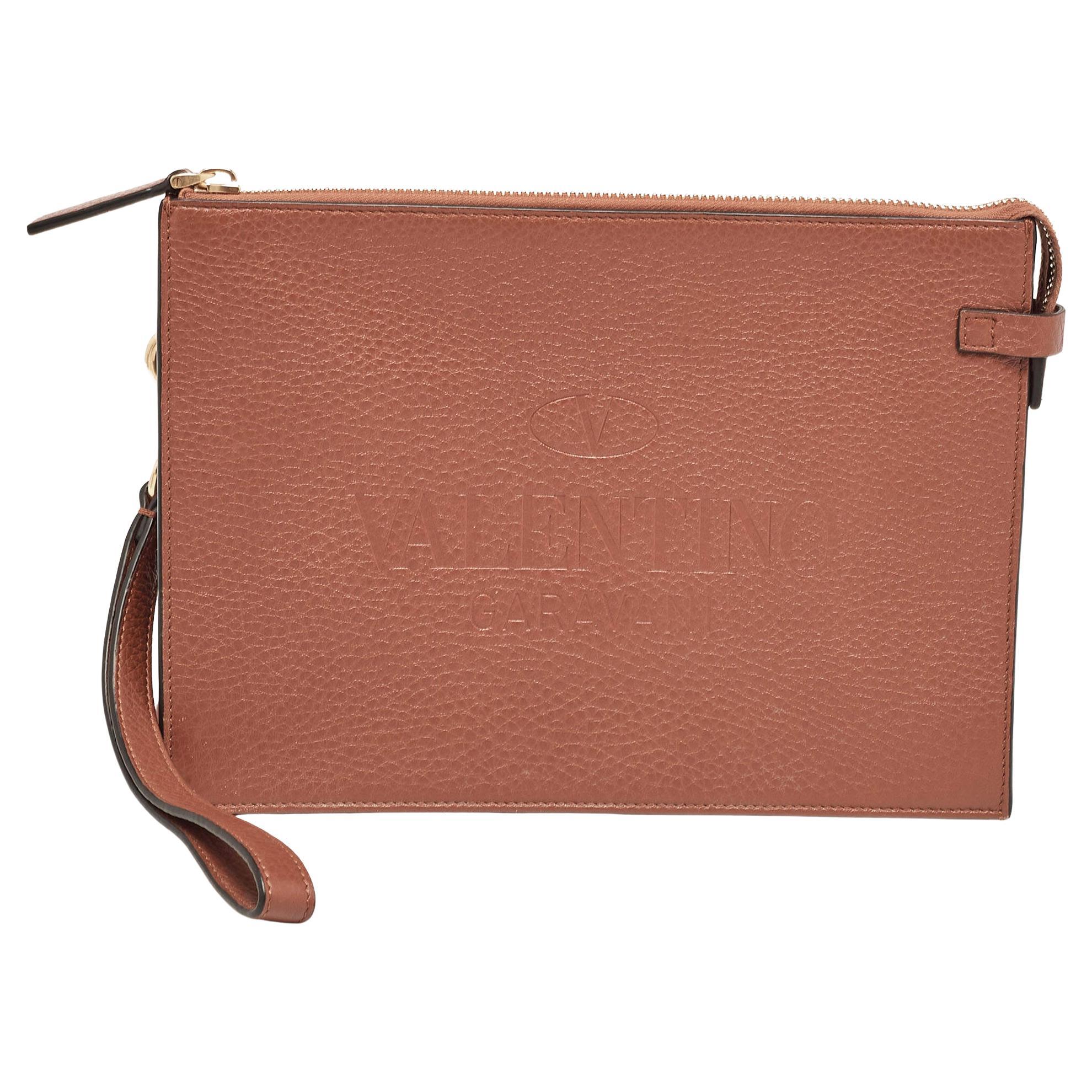 Valentino Brown Leather Logo Embossed Wristlet Clutch