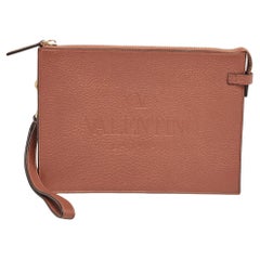 Used Valentino Brown Leather Logo Embossed Wristlet Clutch