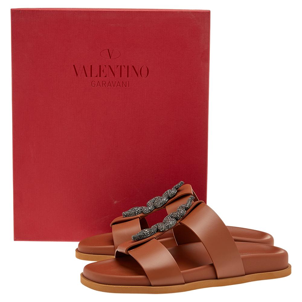 Women's Valentino Brown Leather Maison Snake Embellished Flat Slides Size 38