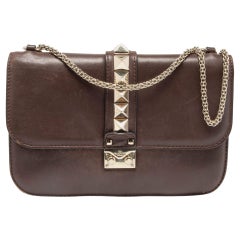 Valentino Brown Leather Medium Rockstud Glam Lock Flap Bag