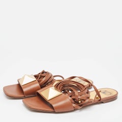 Valentino Brown Leather One Stud Wrap Around Flat Sandals Size 39