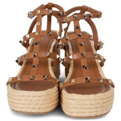 VALENTINO brown leather & raffia 2024 ROCKSTUD CAGE WEDGE Sandals Shoes 39