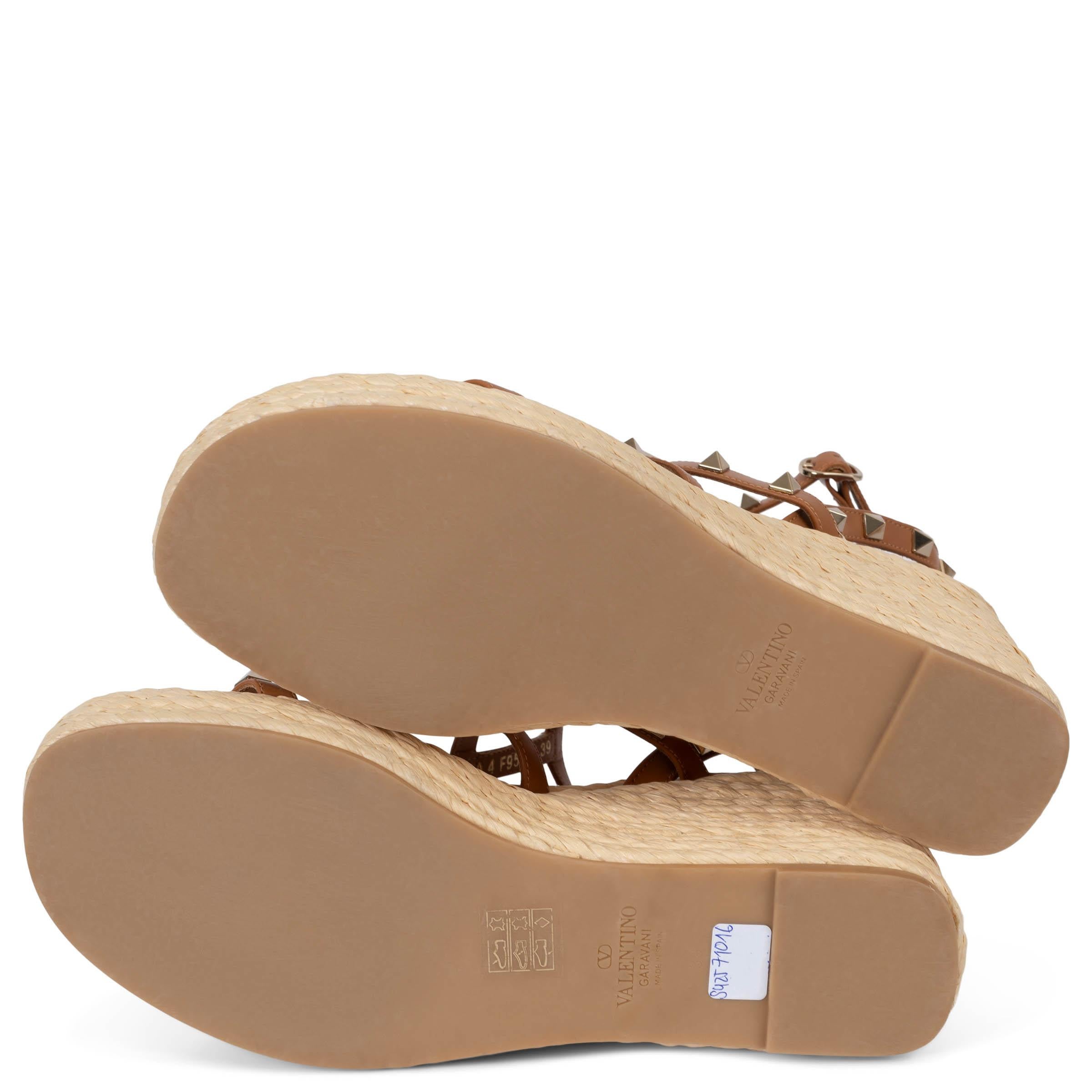 VALENTINO cuero marrón y rafia 2024 ROCKSTUD CAGE WEDGE Sandalias Zapatos 39 en venta 2