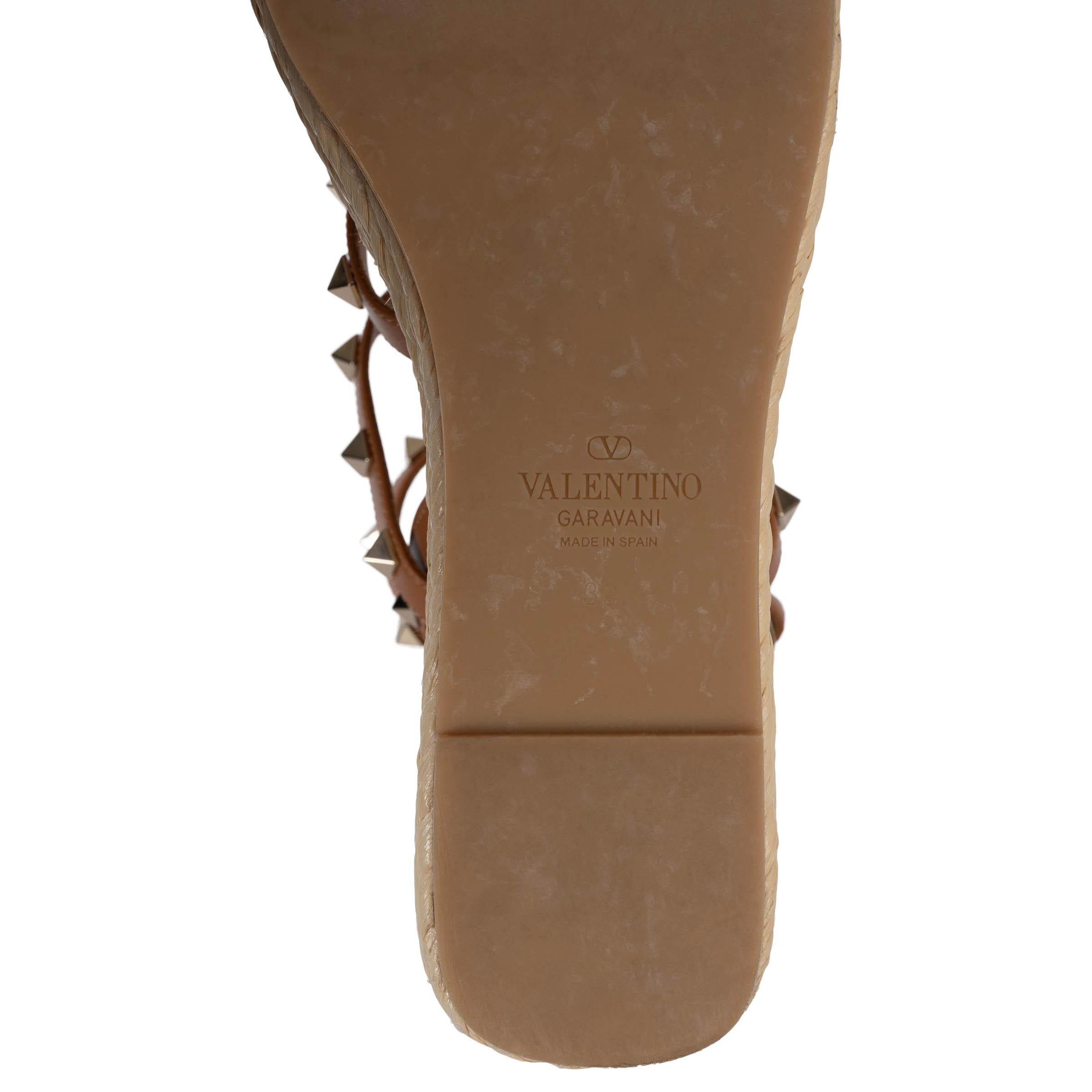 VALENTINO cuero marrón y rafia 2024 ROCKSTUD CAGE WEDGE Sandalias Zapatos 39 en venta 3