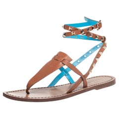 Valentino Brown Leather Rockstud Ankle Wrap Sandals Size 39