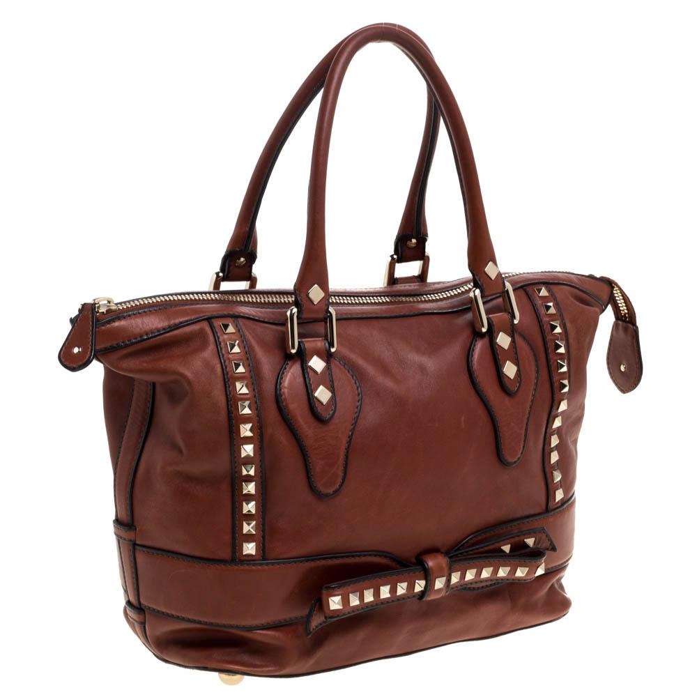 Women's Valentino Brown Leather Rockstud Bow Zip Tote