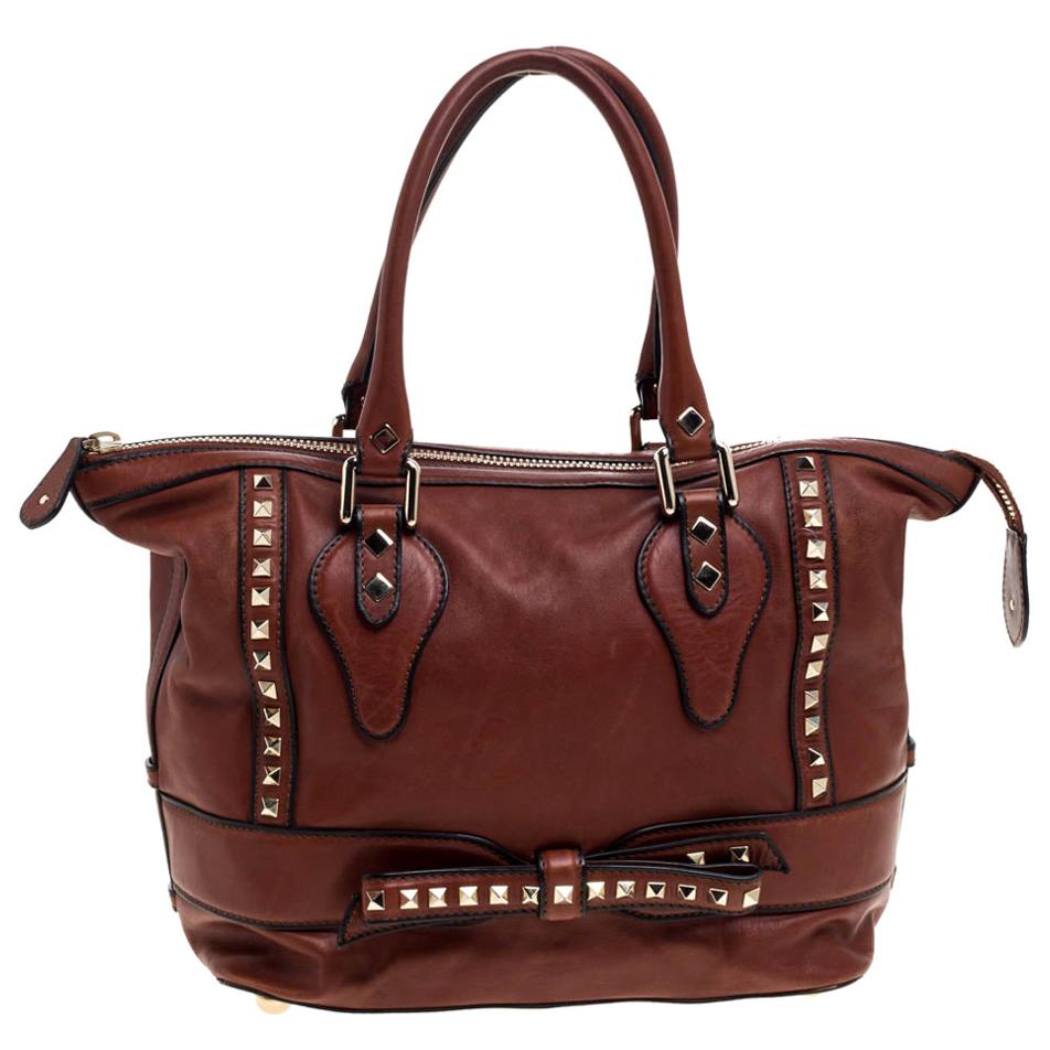 Valentino Brown Leather Rockstud Bow Zip Tote