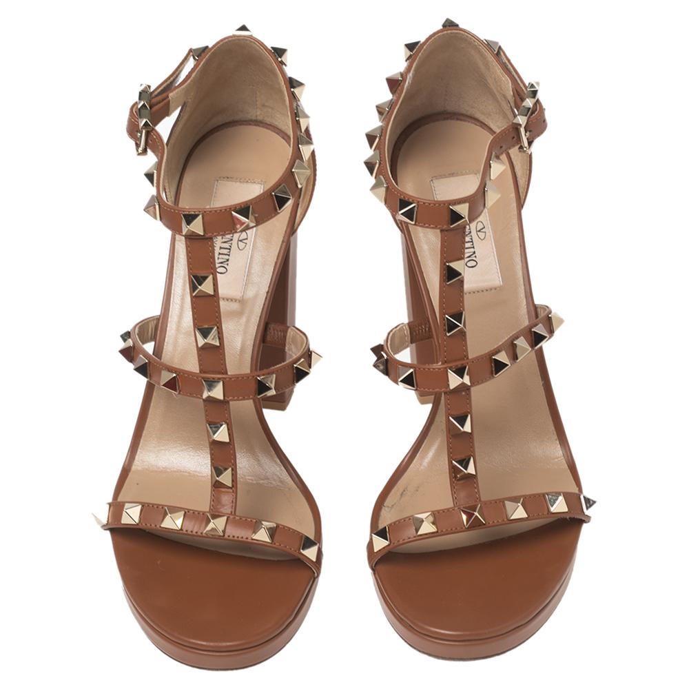 Women's Valentino Brown Leather Rockstud Caged Ankle-Strap Platform Sandals Size 37