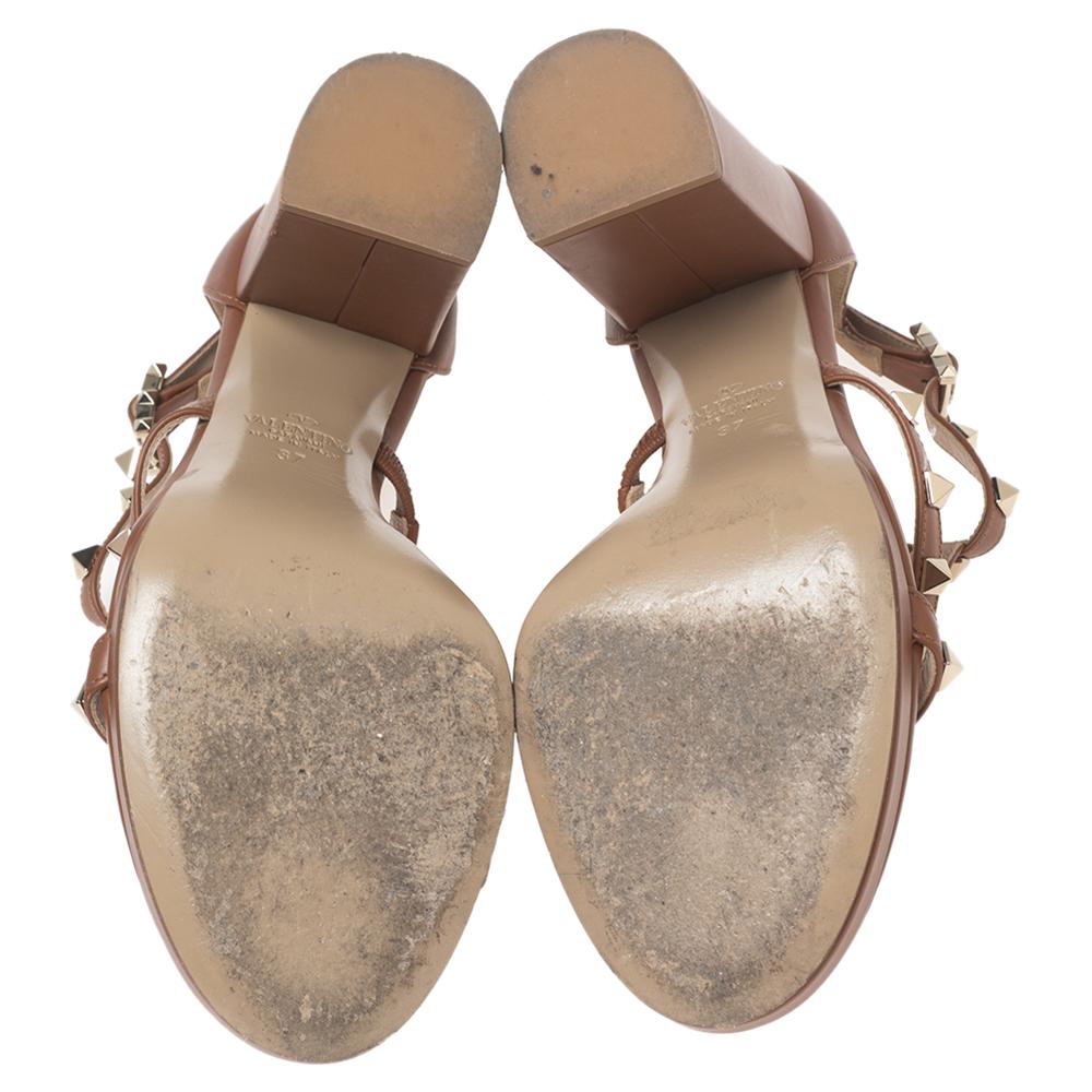 Valentino Brown Leather Rockstud Caged Ankle-Strap Platform Sandals Size 37 2